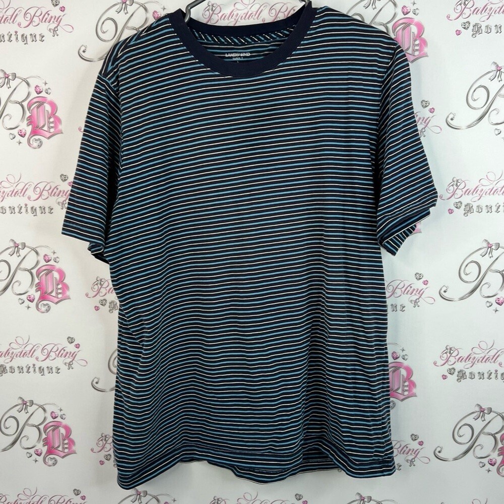 Lands' End tshirt top stripes Men's Blue and White Striped Short Sleeve Tee